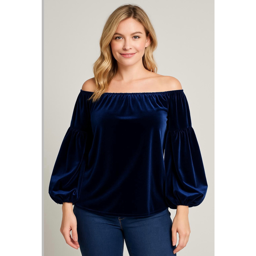 Women's Petersyn Blue Velvet Off-Shoulder Blouse Sz S Romantic Luxe Holiday Glam
